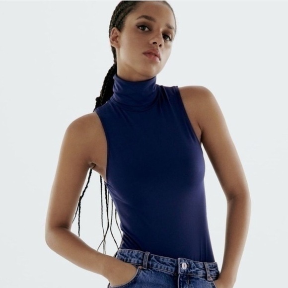 Zara NWT Women’s High-Neck Sleeveless Bodysuits in Burgundy & Royal Blue - Picture 9 of 9